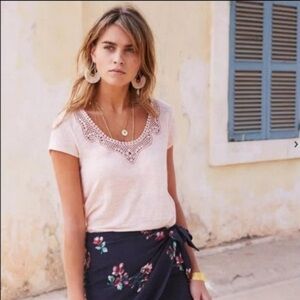 Sezane Loly Crochet Neck 100% Linen Tee | Size Medium